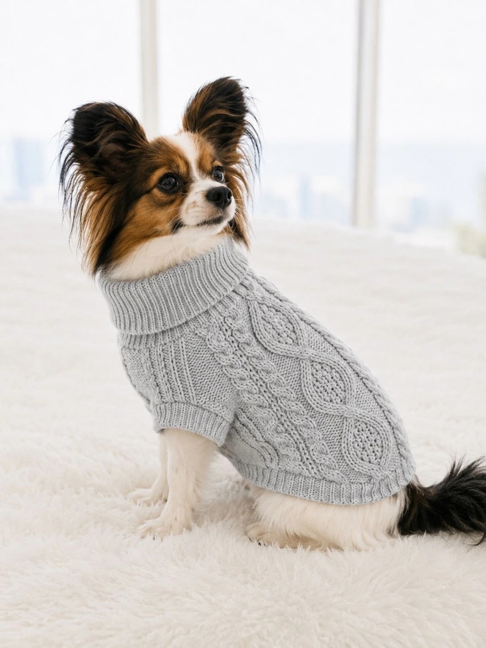 Parisian Works Light Gray Cable Knit Turtleneck Dog Sweater